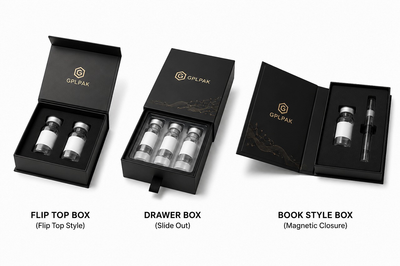 Three peptide vial box structures: magnetic flip-top, slide drawer, book-style