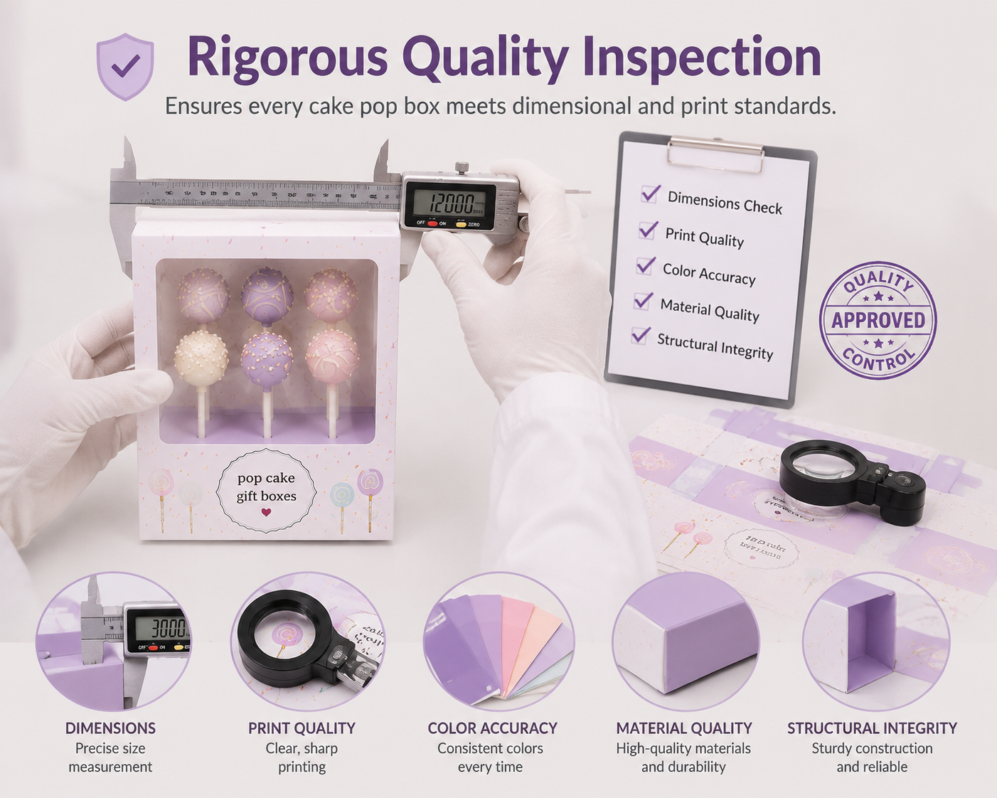 Quality control inspection of cake pop packaging boxes at manufacturing facility