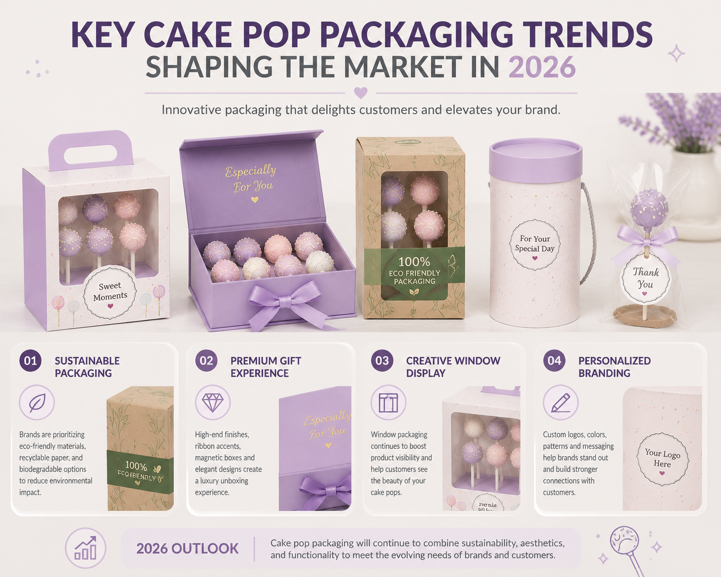 Infographic showing 2026 cake pop packaging trends: sustainability, branding, QR codes, and subscription kits