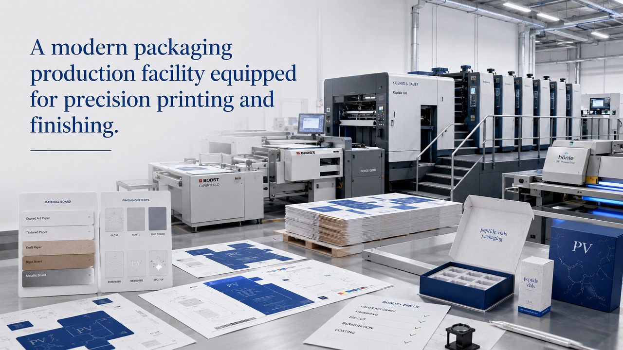 Peptide packaging box manufacturing process showing printing press, cutting and assembly line