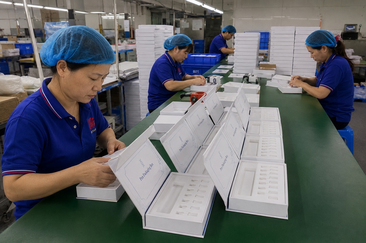 Custom peptide injection pen packaging boxes on production line, luxury rigid boxes with foam inserts
