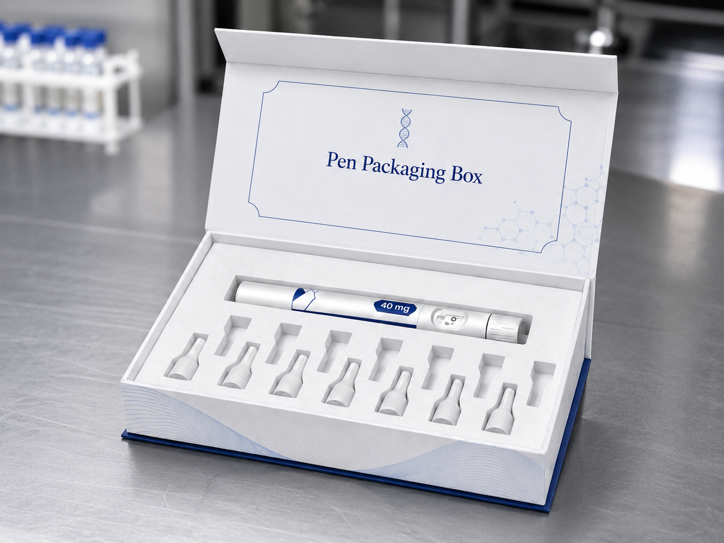 Custom foam insert inside rigid peptide injection pen packaging box, precision EVA cutout