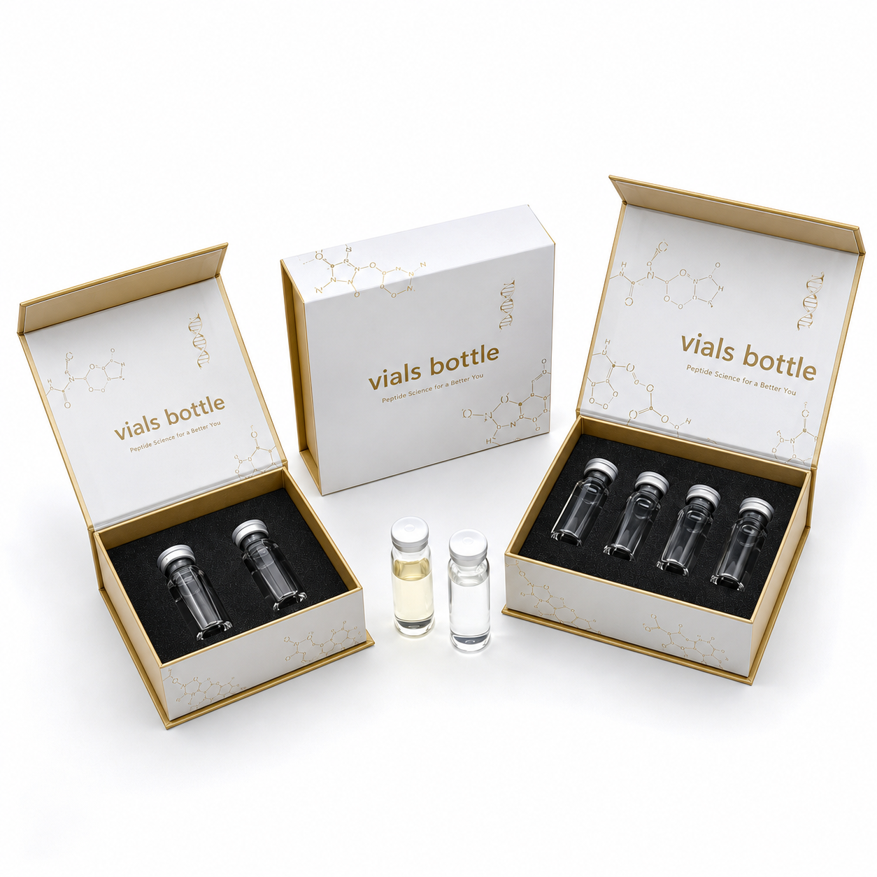 Premium custom peptide packaging boxes with peptide vials in foam inserts